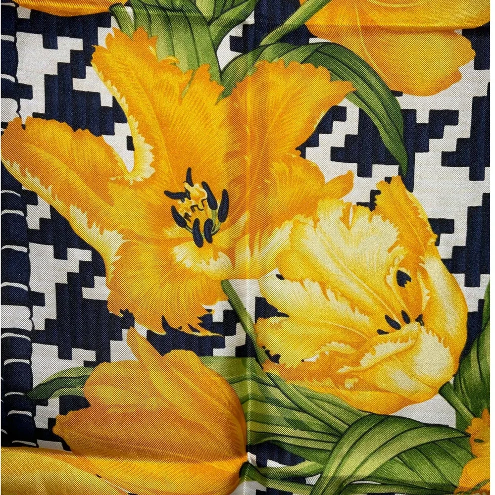 Christian Dior Vintage Flower Print Silk Scarf Yellow Black White.